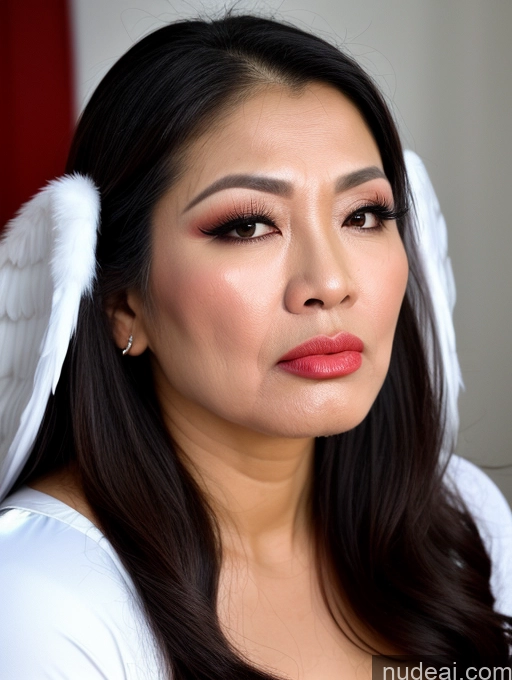 ai nude image of arafed woman with angel wings on her head and a white shirt pics of Beautiful Lipstick Long Hair Vietnamese Cumshot Athlete 70s Angel Angry Pouting Lips Orgasm