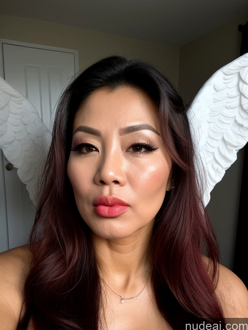 ai nude image of arafed woman with angel wings on her head and a pink lip pics of Beautiful Lipstick Long Hair Vietnamese Athlete Angel Angry Pouting Lips Orgasm Cumshot 60s