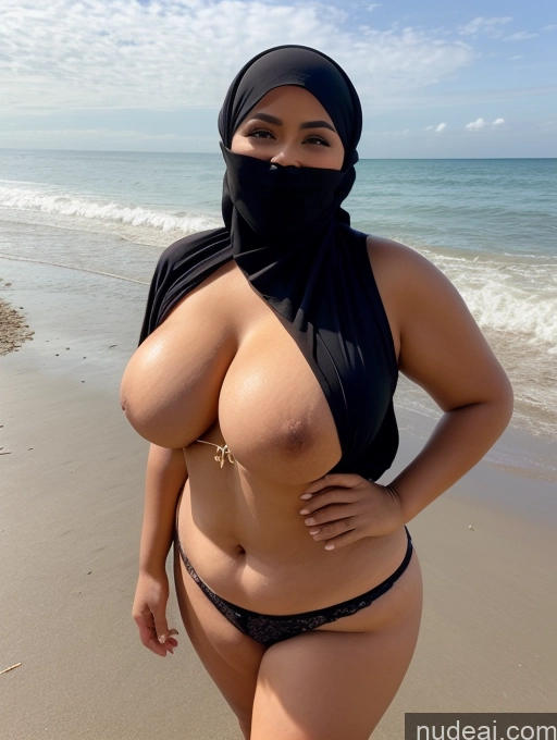 ai nude image of araffe woman in a black hijab on the beach pics of One Busty Big Ass Chubby Big Hips 40s Seductive Black Hair Messy Indonesian Beach Front View Bending Over Milf Happy Casual Blouse Niqab Cleavage