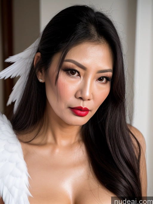 ai nude image of arafed asian woman with white wings and red lipstick posing for a picture pics of Beautiful Lipstick Long Hair Vietnamese Angel Cumshot Model 60s Angry Pouting Lips