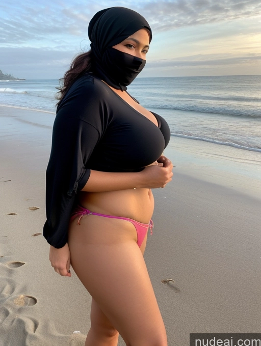 ai nude image of arafed woman in a black top and pink bikini on the beach pics of One Big Ass Chubby 40s Seductive Black Hair Messy Indonesian Beach Front View Bending Over Happy Niqab Perfect Boobs Casual Jeans Dress Milf Big Hips