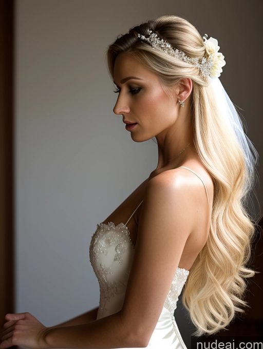 ai nude image of arafed bride with long blonde hair and a flower in her hair pics of Woman One Small Tits Beautiful Skinny Long Hair 20s Serious Blonde White Soft + Warm Wedding Cleavage Dark Lighting Detailed Side View