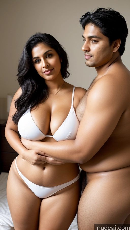 ai nude image of they are two people posing for a picture in a bedroom pics of Perfect Boobs Beautiful Big Ass Thick Big Hips Perfect Body Pubic Hair 30s Black Hair Front View Detailed Indian Woman + Man Busty Chubby Sad Bedroom Bikini Fairer Skin Tall