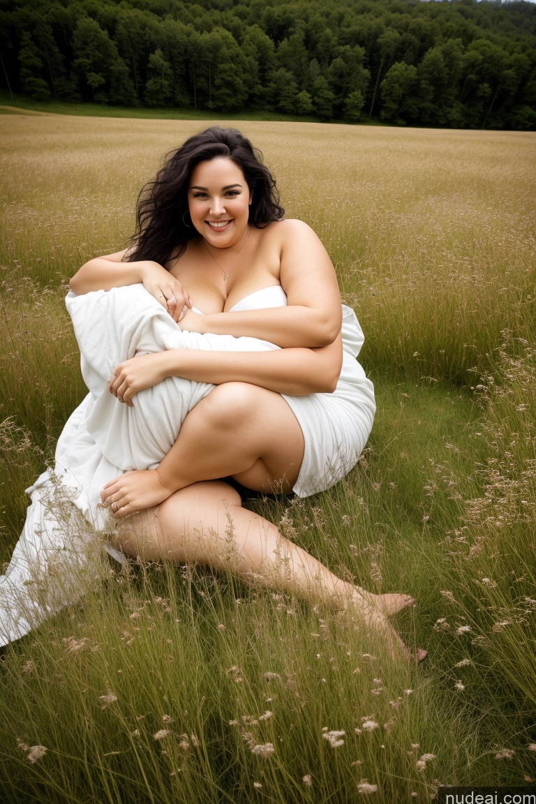 ai nude image of there is a woman sitting in a field with a blanket pics of Woman Busty Tall Big Hips Chubby Thick Big Ass 30s Happy Sexy Face Black Hair Messy Czech Meadow Nude Detailed Beautiful