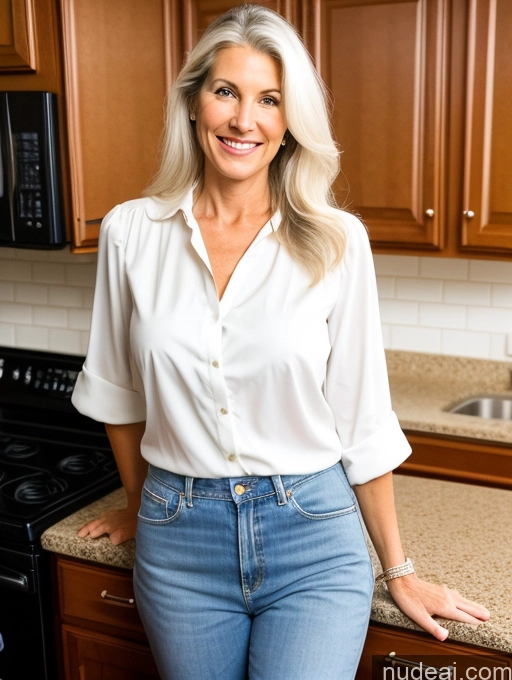 ai nude image of blond woman in white shirt and jeans standing in kitchen with stove pics of Sorority Perfect Boobs 50s White Hair Happy Long Hair White Film Photo Kitchen Front View Blouse Long Legs