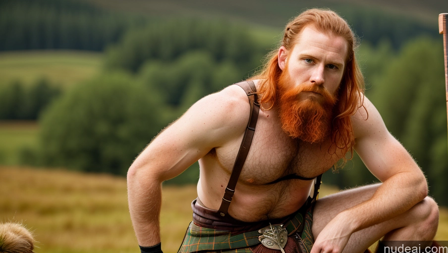 ai nude image of there is a man with a red beard and a kilt kneeling down pics of Perfect Boobs Pubic Hair Irish Kilt Hairy Women 30s Serious Ginger Painting Viking