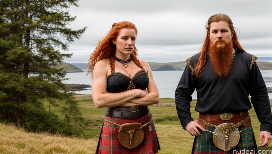 ai nude image of there are two people in kilts standing in a field pics of Perfect Boobs Pubic Hair Irish Kilt Hairy Women 30s Serious Ginger Painting Viking Traditional Woman + Man