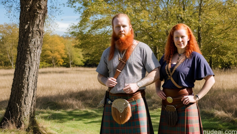 ai nude image of there are two people in kilts standing next to each other pics of Perfect Boobs Pubic Hair Irish Kilt Hairy Women 30s Serious Ginger Painting Viking Traditional Woman + Man