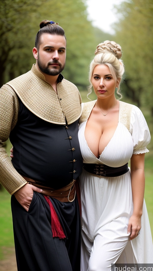 ai nude image of there is a man and woman dressed in medieval clothing posing for a picture pics of Two Huge Boobs Perfect Boobs Big Ass Fat Long Legs Pubic Hair 50s British Front View Medieval Traditional Victorian Cleavage Hairy Women Hair Tied Up Film Photo Woman + Man Seductive