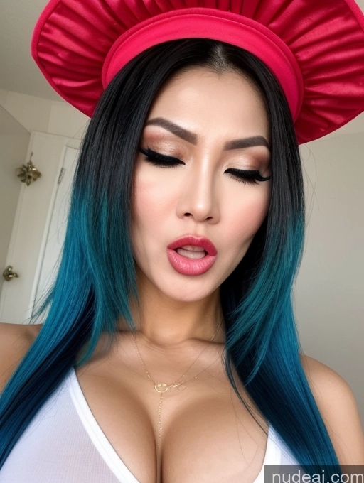 ai nude image of a close up of a woman with blue hair wearing a red hat pics of Miss Universe Model Beautiful Lipstick 60s Vietnamese Cumshot Cosplay Angry Orgasm Sexy Face