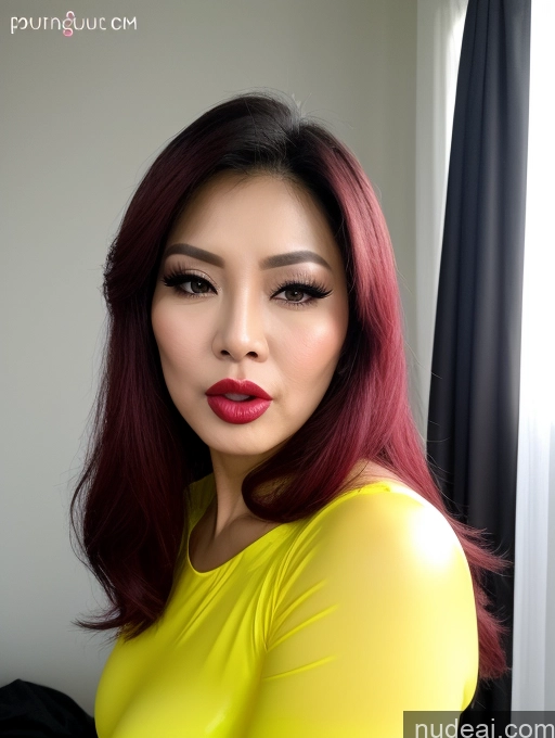 ai nude image of arafed woman with bright red hair and a yellow top pics of Miss Universe Model Beautiful Lipstick 60s Vietnamese Cumshot Cosplay Angry Orgasm Pouting Lips