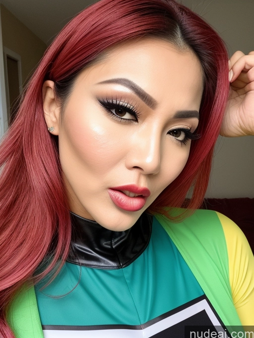 ai nude image of there is a woman with red hair and a green and yellow top pics of Miss Universe Model Beautiful Lipstick Vietnamese Cumshot Cosplay Angry Orgasm Sexy Face 70s