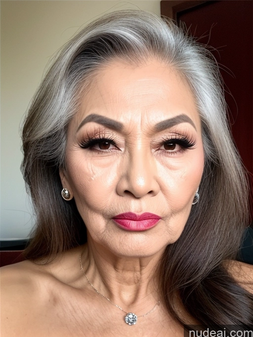 ai nude image of a close up of a woman with a necklace and earrings on pics of Miss Universe Model Beautiful Lipstick Long Hair Vietnamese Suit Angry Pouting Lips Sexy Face 80s Cumshot