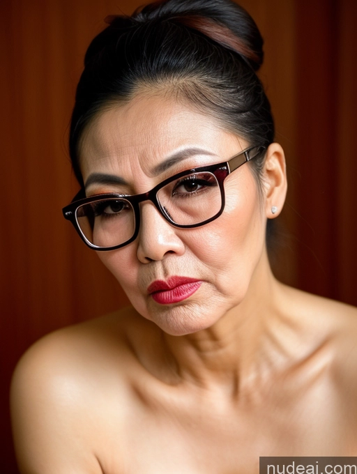 ai nude image of there is a woman with glasses and a red lipstick posing for a picture pics of Vietnamese Suit Angry Pouting Lips 70s Cumshot Hair Bun Model Beautiful Lipstick Glasses