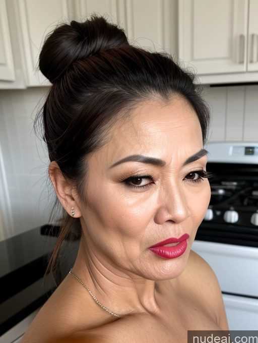 ai nude image of there is a woman with a pink lipstick and a necklace on pics of Milf Beautiful Lipstick Hair Bun Cooking Vietnamese 40s Angry Orgasm