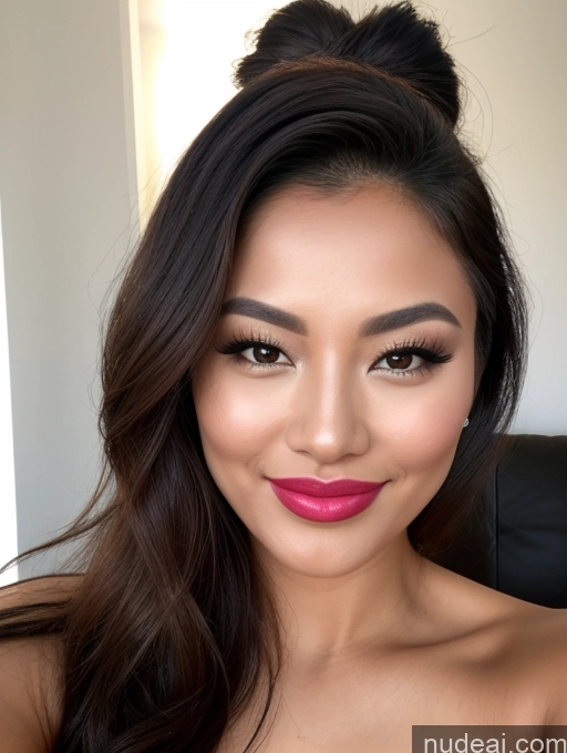 ai nude image of a close up of a woman with a pink lipstick and a messy bun pics of Miss Universe Model Beautiful Lipstick Hair Bun Asian Pouting Lips Happy 70s