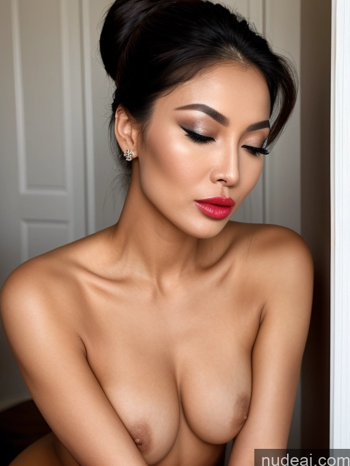 ai nude image of arafed asian woman with a red lip and a big breast pics of Miss Universe Model Lipstick 70s Asian Hair Bun Orgasm Pouting Lips