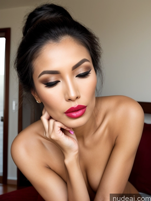 ai nude image of arafed woman with a pink lipstick and a pink lip pics of Miss Universe Model Lipstick 70s Asian Hair Bun Orgasm Pouting Lips