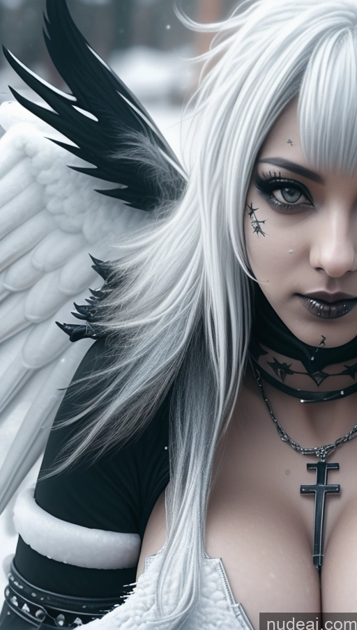 ai nude image of arafed woman with white hair and black wings posing for a picture pics of Athlete Huge Boobs Perfect Boobs Ethiopian Snow Gothic Punk Girl Close-up View Angel