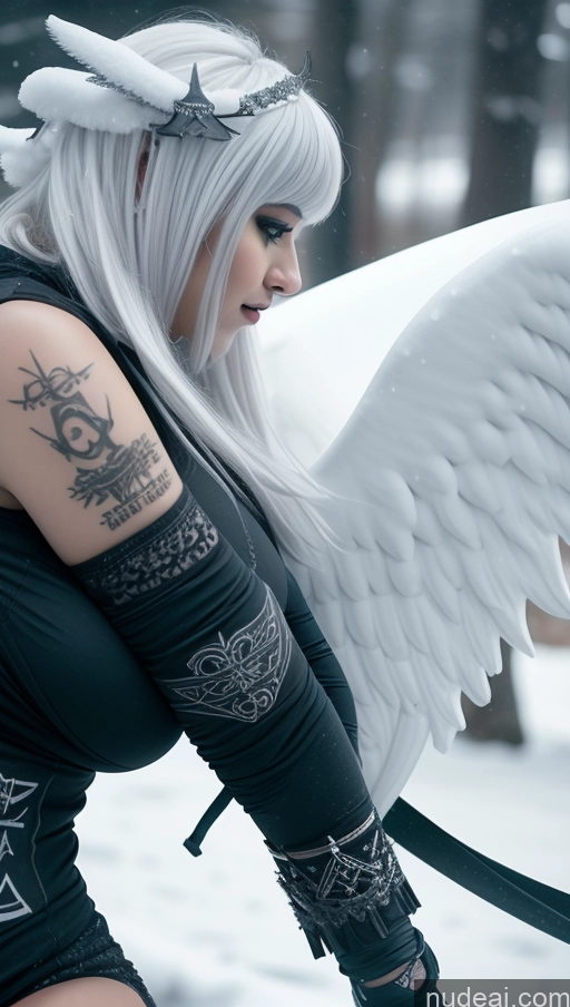 ai nude image of arafed woman with white hair and wings in a black outfit pics of Athlete Huge Boobs Perfect Boobs Ethiopian Snow Close-up View Gothic Punk Girl Angel