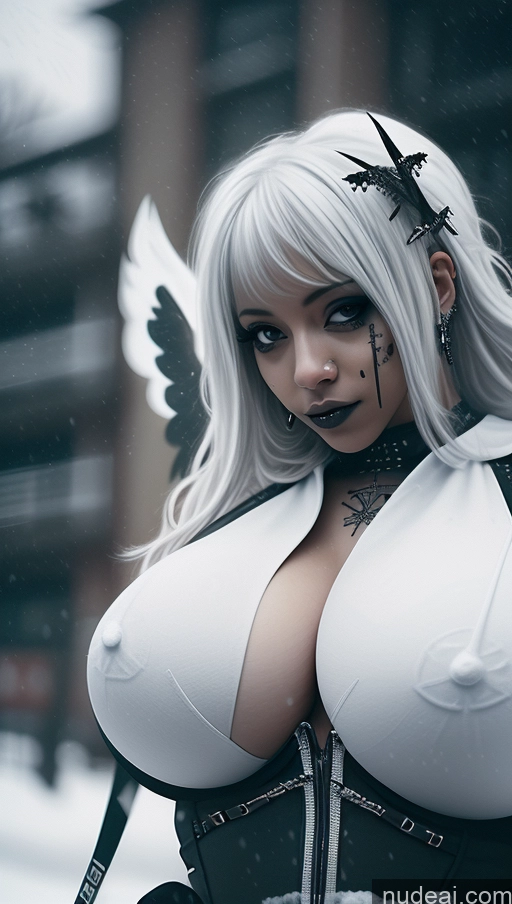 ai nude image of there is a woman with a white top and black wings on her chest pics of Athlete Huge Boobs Perfect Boobs Ethiopian Snow Close-up View Gothic Punk Girl Angel