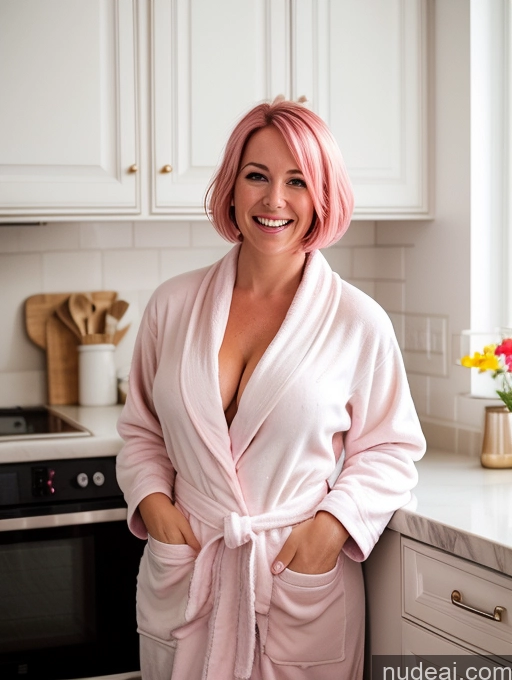 ai nude image of smiling woman in pink robe standing in kitchen with white cabinets pics of Woman Perfect Boobs 30s Happy Pink Hair Bobcut German Kitchen Nude Bathrobe