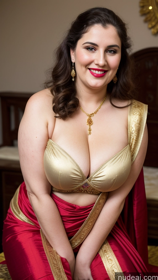 ai nude image of araffe woman in a red and gold sari posing for a picture pics of Milf Busty Beautiful Lipstick Thick Chubby Big Hips Fat Fairer Skin 20s Happy Seductive Brunette Long Hair Russian Party Front View Straddling Sari Blouse Dirndl Victorian Cleavage Gold Jewelry