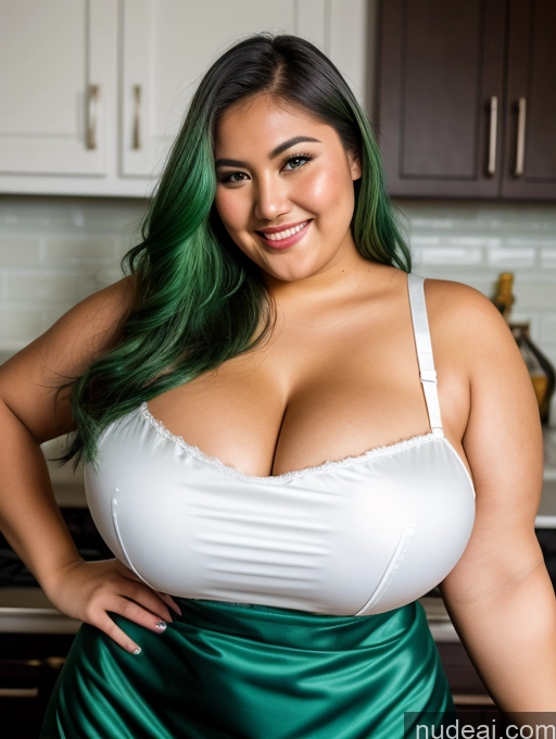 ai nude image of there is a woman with green hair posing in a kitchen pics of Sorority Busty Huge Boobs Perfect Boobs Beautiful Chubby Fat Thick 30s Happy Green Hair Apron Satin Cleavage Close-up View Filipina