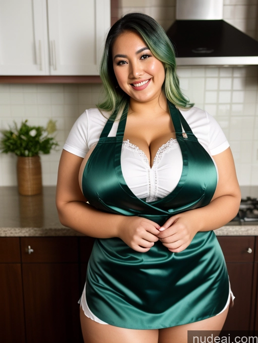 ai nude image of there is a woman in a green satin dress posing for a picture pics of Sorority Busty Huge Boobs Perfect Boobs Beautiful Chubby Fat Thick 30s Happy Green Hair Apron Satin Cleavage Close-up View Filipina