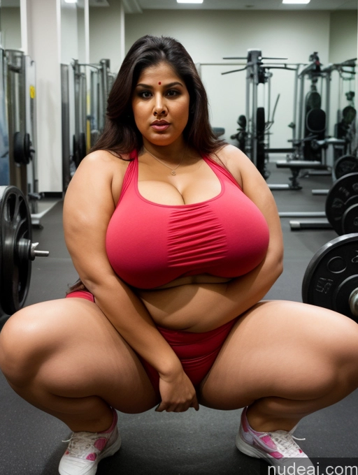 ai nude image of araffe woman squatting in a gym with a barbell pics of Miss Universe Model Busty Huge Boobs Perfect Boobs Beautiful Big Ass Thick Chubby Fat Big Hips Long Legs Short Perfect Body Indian Gym Sari Shocked Squatting