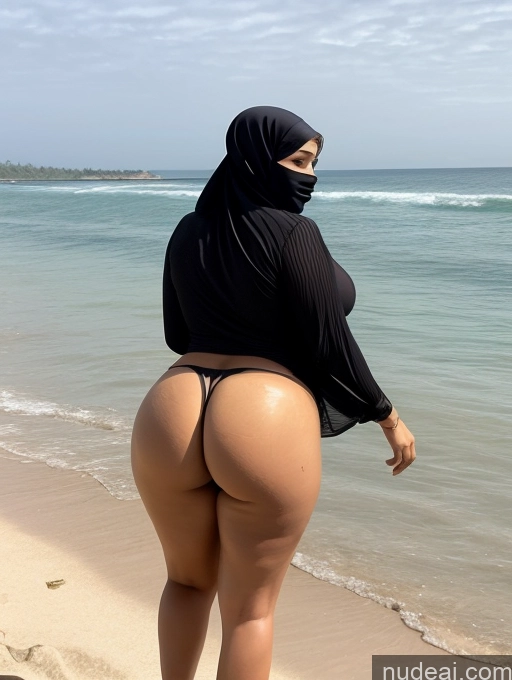 ai nude image of araffe wearing a black hijab on a beach near the ocean pics of One Chubby Sexy Face Black Hair Indonesian Transparent Big Hips Front View High Heels Messy Beach Blouse Huge Boobs Woman Big Ass 50s Long Skirt Niqab Partially Nude