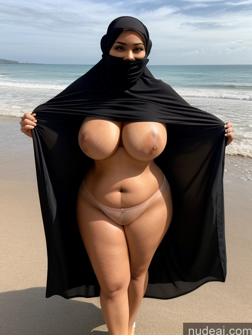 ai nude image of araffe woman in a black hijab on the beach pics of One Chubby Sexy Face Black Hair Indonesian Transparent Big Hips Front View High Heels Messy Beach Blouse Huge Boobs Woman Big Ass 50s Long Skirt Niqab Partially Nude