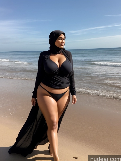 ai nude image of araffe woman in a black dress walking on the beach pics of One Chubby Sexy Face Black Hair Indonesian Transparent Big Hips Front View High Heels Messy Beach Blouse Huge Boobs Woman Big Ass 50s Long Skirt Niqab Partially Nude