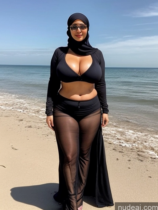 ai nude image of a woman in a black dress and hijab standing on a beach pics of One Chubby Sexy Face Black Hair Indonesian Transparent Big Hips Front View High Heels Messy Beach Blouse Huge Boobs Woman Big Ass 50s Long Skirt Niqab Partially Nude