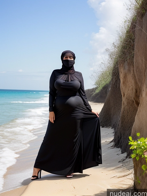 ai nude image of pregnant woman in black dress standing on beach next to cliff pics of One Chubby Sexy Face Black Hair Indonesian Transparent Big Hips Front View High Heels Messy Beach Blouse Huge Boobs Woman Big Ass 50s Long Skirt Niqab Partially Nude