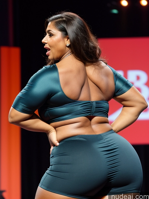 ai nude image of araffe woman in a green top and black shorts on a stage pics of Huge Boobs Busty Perfect Boobs Beautiful Big Ass Thick Chubby Fat Big Hips Long Legs Muscular Bodybuilder Tall Perfect Body Shocked French Stage Bending Over Blouse Sari Back View