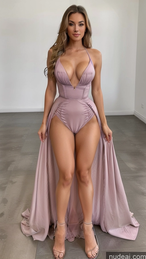 ai nude image of a woman in a purple dress posing for a picture pics of Miss Universe Model Beautiful Perfect Boobs Busty Perfect Body FairArguementBut Deep V-Neck Dress Haute Couture V3 Crisp Anime Regal Big Hips Topless High Heels Squatting