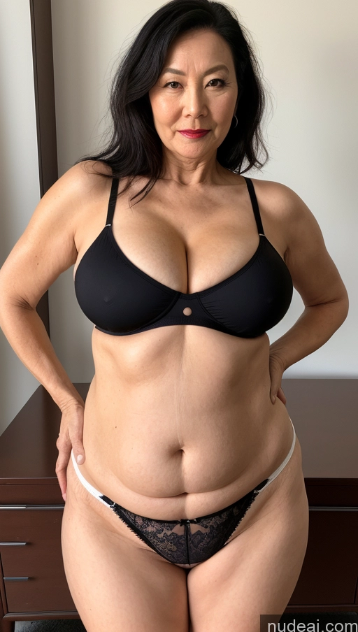 ai nude image of arafed woman in a black bra top and panties posing for a picture pics of Milf One Busty Big Ass Big Hips Pubic Hair Fairer Skin Lipstick 60s Asian Black Hair Crop Top Partially Nude