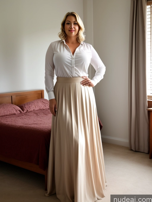 ai nude image of woman standing in a bedroom with a bed and a window pics of 60s Czech Chubby Serious Orgasm Blonde Pixie Bedroom Blouse Shirt Cleavage Long Skirt Simple