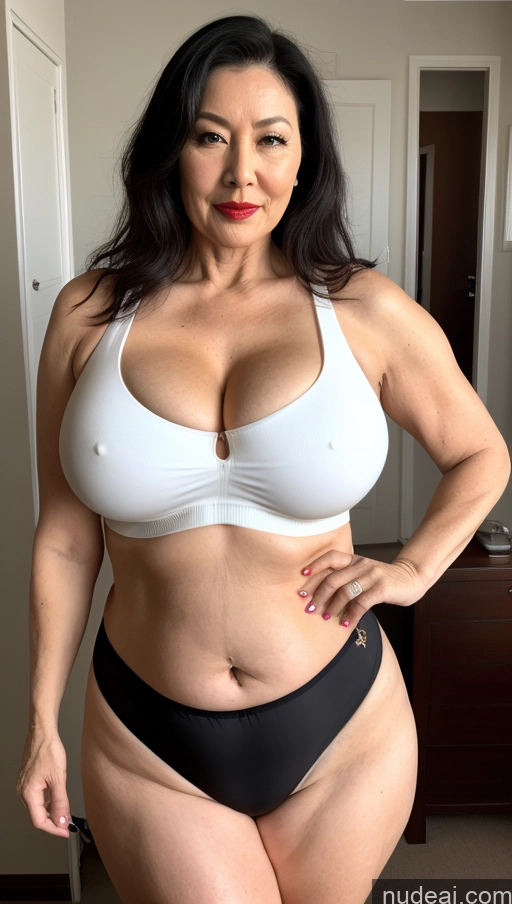 ai nude image of araffe woman in a white bra top and black panties posing for a picture pics of Milf One Busty Big Ass Big Hips Pubic Hair Fairer Skin Lipstick 60s Asian Black Hair Crop Top Cleavage