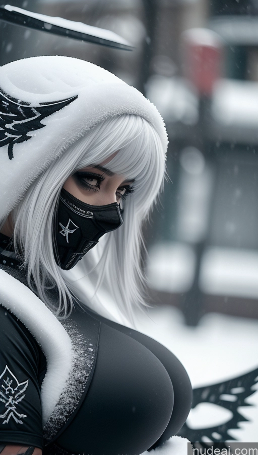 ai nude image of there is a woman with a mask and a black and white outfit pics of Huge Boobs Perfect Boobs Ethiopian Snow Close-up View Gothic Punk Girl Angel Athlete