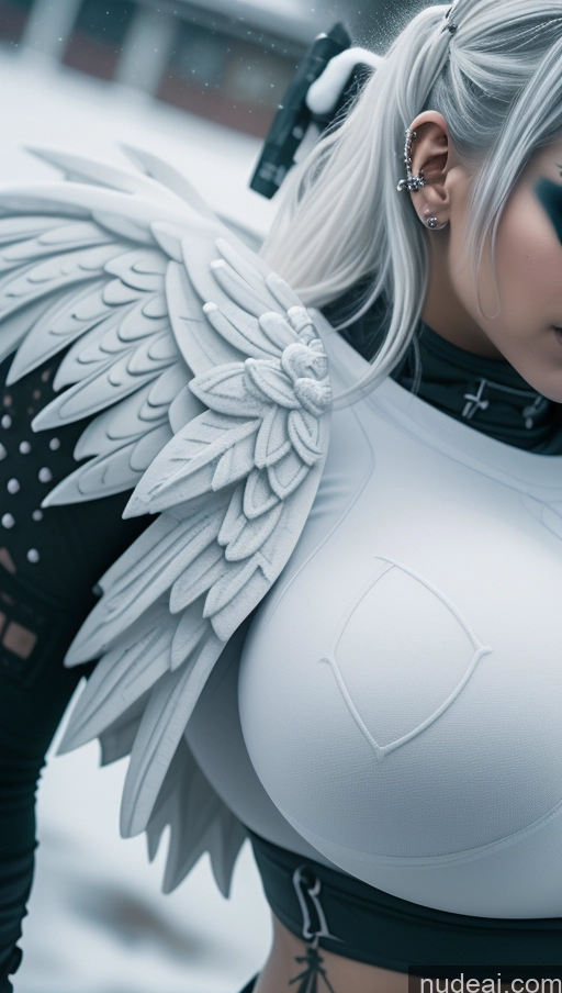 ai nude image of there is a woman with white wings on her chest and a black top pics of Huge Boobs Perfect Boobs Ethiopian Snow Close-up View Gothic Punk Girl Angel Athlete