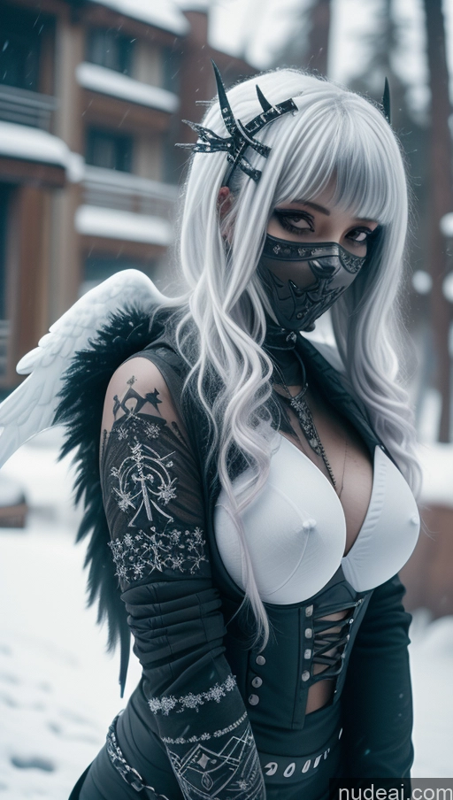 ai nude image of arafed woman with white hair and black wings in a corset pics of Ethiopian Snow Close-up View Gothic Punk Girl Angel Athlete Busty Perfect Boobs