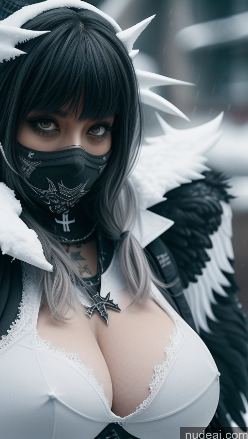 ai nude image of arafed woman in a black and white outfit with a mask and wings pics of Ethiopian Snow Angel Athlete Perfect Boobs Close-up View Huge Boobs Gothic Punk Girl