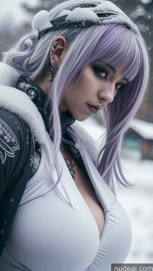 ai nude image of araffe with purple hair and a white top is posing in the snow pics of Ethiopian Snow Angel Athlete Perfect Boobs Close-up View Huge Boobs Gothic Punk Girl Purple Hair