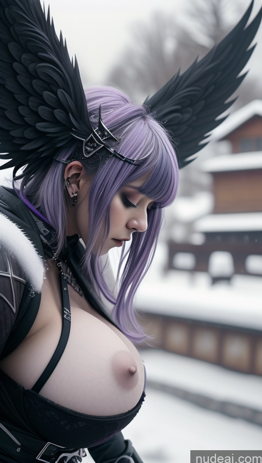 ai nude image of araffe with purple hair and black wings is standing in the snow pics of Ethiopian Snow Angel Athlete Perfect Boobs Close-up View Huge Boobs Gothic Punk Girl Purple Hair