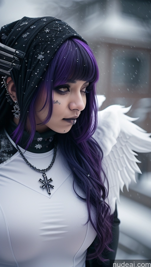 ai nude image of arafed woman with purple hair and wings in the snow pics of Ethiopian Snow Angel Athlete Perfect Boobs Close-up View Gothic Punk Girl Purple Hair