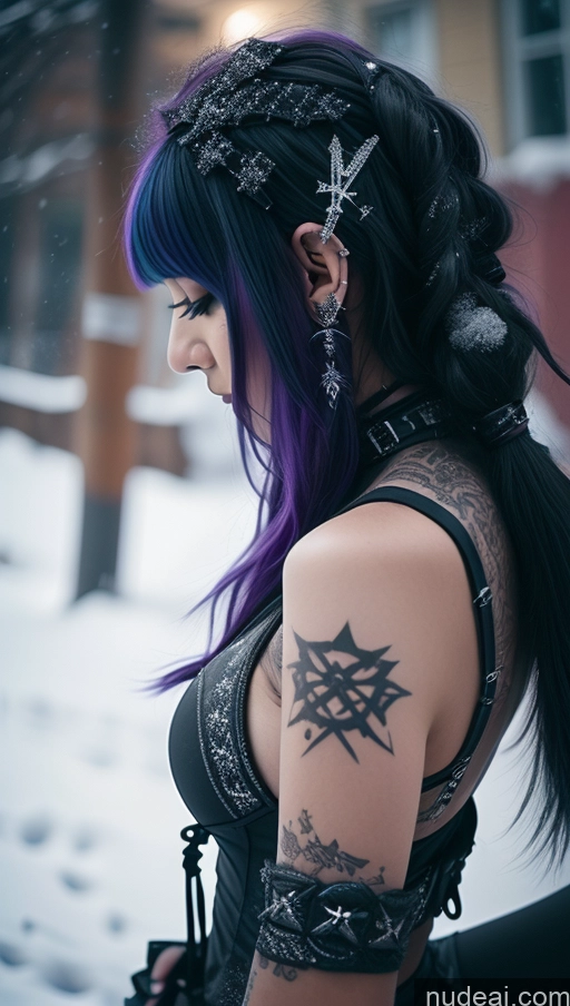 ai nude image of arafed woman with purple hair and a black top in the snow pics of Ethiopian Snow Angel Athlete Perfect Boobs Close-up View Gothic Punk Girl Purple Hair