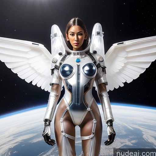 ai nude image of arafed woman in a futuristic suit standing in front of a planet pics of One Perfect Boobs Small Tits Perfect Body Pubic Hair 30s Angel Mech Suit Transparent Cyborg Nilotic Spreading Legs Space Suit