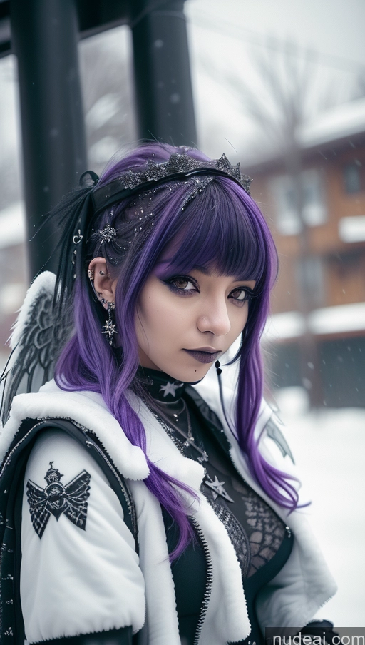 ai nude image of purple haired girl with black and white outfit and purple hair pics of Athlete Perfect Boobs Purple Hair Ethiopian Snow Close-up View Angel Gothic Punk Girl